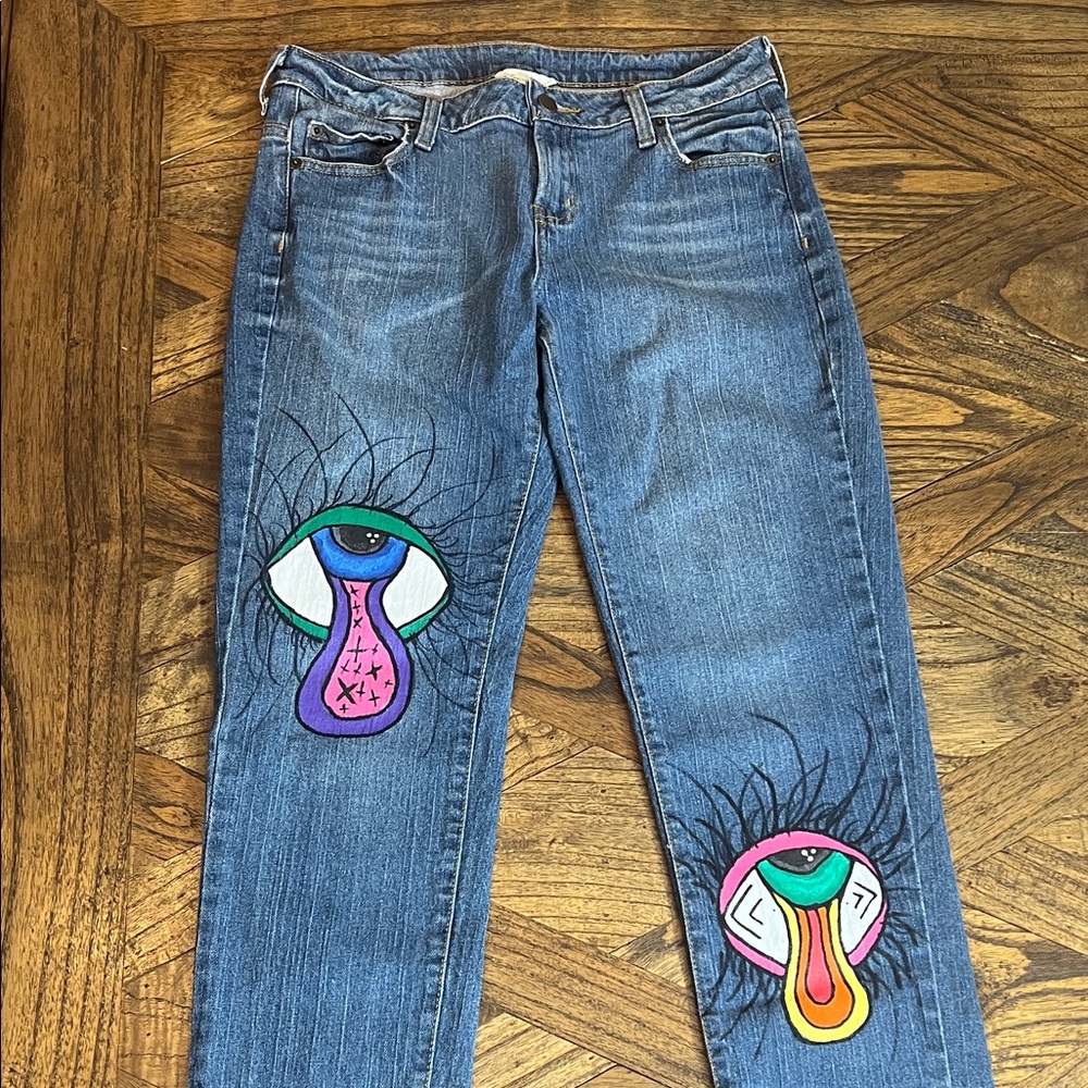 Garnet Hill Wmns Ankle Jeans, Hand painted Design, Size 8P Tapered leg, Stretch